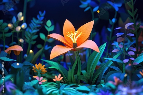 A whimsical paper art scene featuring colorful flora in a dark setting
