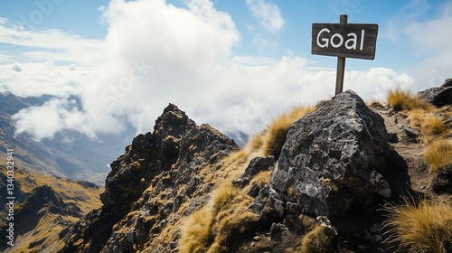 Achieving goal on mountain peak destination with signpost success concept