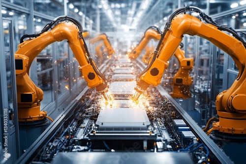 Automated industrial manufacturing process with robotic arms welding components