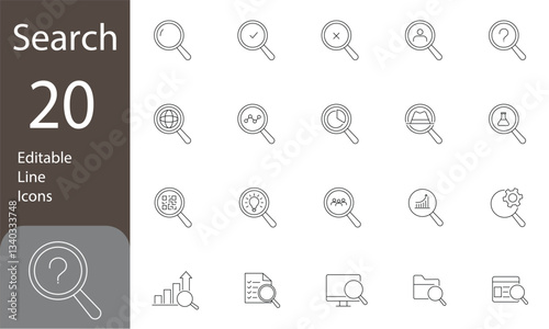Search Icons set. Search Editable line Icons set. inspector, monitoring, analysis, and more. Pictograms and infographics for mobile apps. Vector illustration