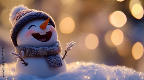 Cheerful snowman wearing hat and scarf laughing in snow during winter