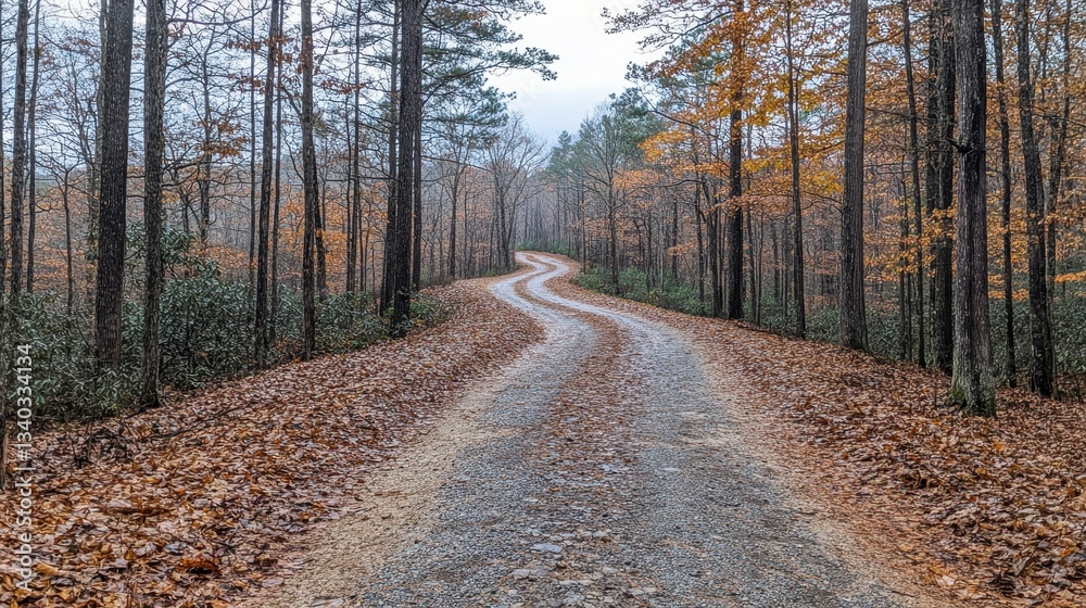 Fototapeta premium Winding gravel pathway through autumn forest nature scene outdoor environment scenic viewpoint