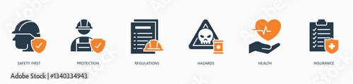 Work Safety web icon vector illustration concept with icon of safety first, protection, regulations, hazards, health and insurance  
 