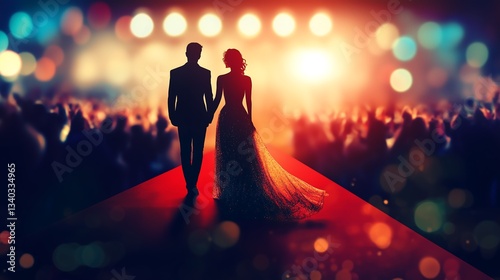 Couple walking red carpet together at premiere event with crowd