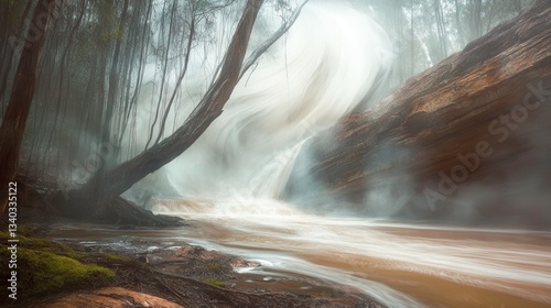 Flowing waterfall adventure enchanted forest nature photography misty atmosphere wide angle serenity