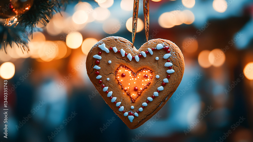 Fototapeta premium Heart shape Christmas gingerbread cookie at a Christmas market illuminated at night in december