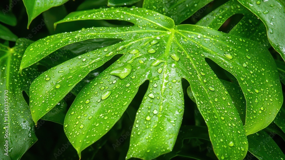 Close up of vibrant verdant foliage in a lush tropical forest setting with water droplets glistening on the leaves after a recent rainstorm