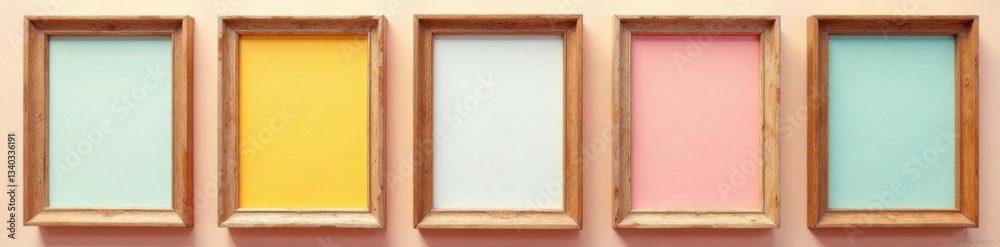 Fototapeta premium Coordinated photo frames in various textures and sizes against a plain background , size, texture, decor