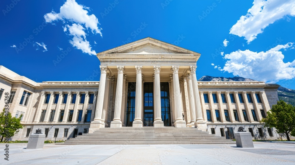 Fototapeta premium A grand neoclassical style courthouse with ornate columns a prominent pediment and a majestic dome set against a bright blue sky with fluffy white clouds