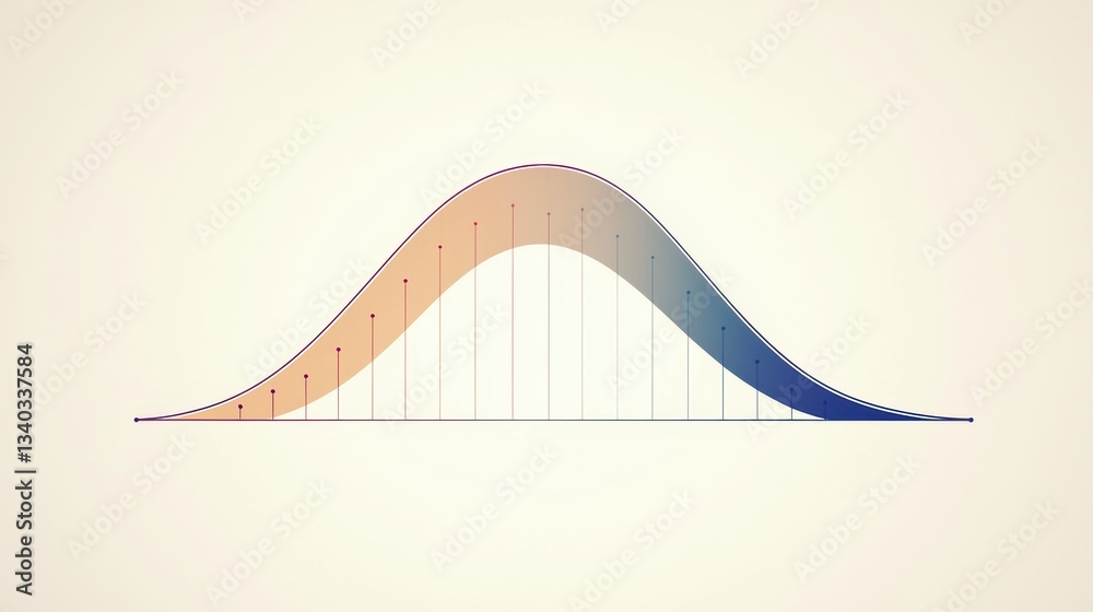 Obraz premium A smooth, gradient normal distribution curve representing a statistical distribution, with vertical markers indicating data points.