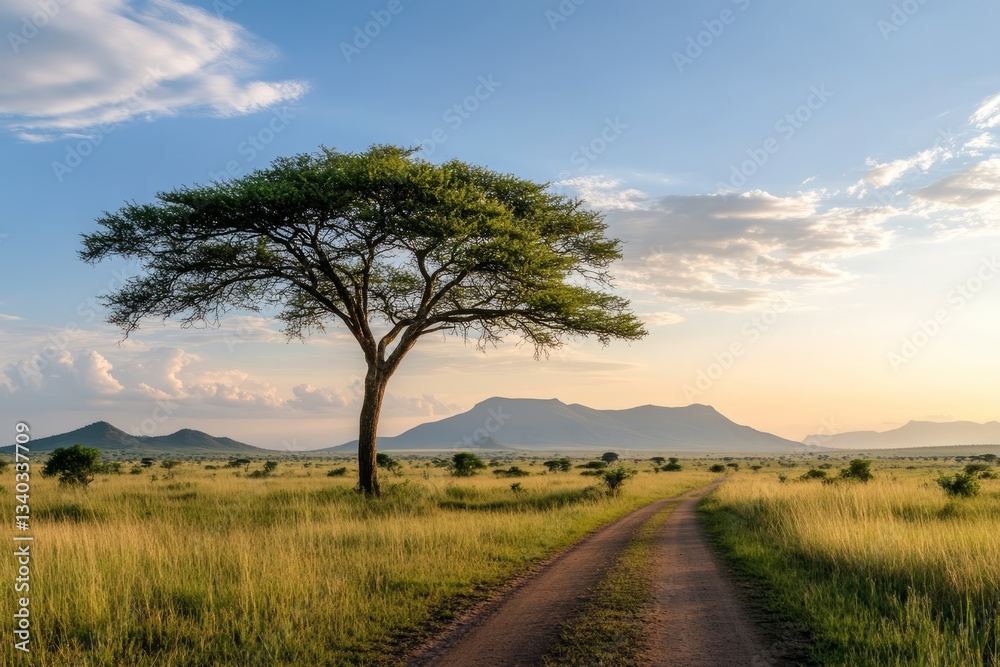 A beautiful tree in the Serengeti, with an acacia on top of it and mountains behind at sunset. The road is next to it, and you can see some grasses around it. A colorful sky at sunrise. A beautiful tree in the Serengeti, with an acacia on top of it and mountains behind at sunset. The road is next to it, and you can see some grasses around it. A colorful sky at sunrise.