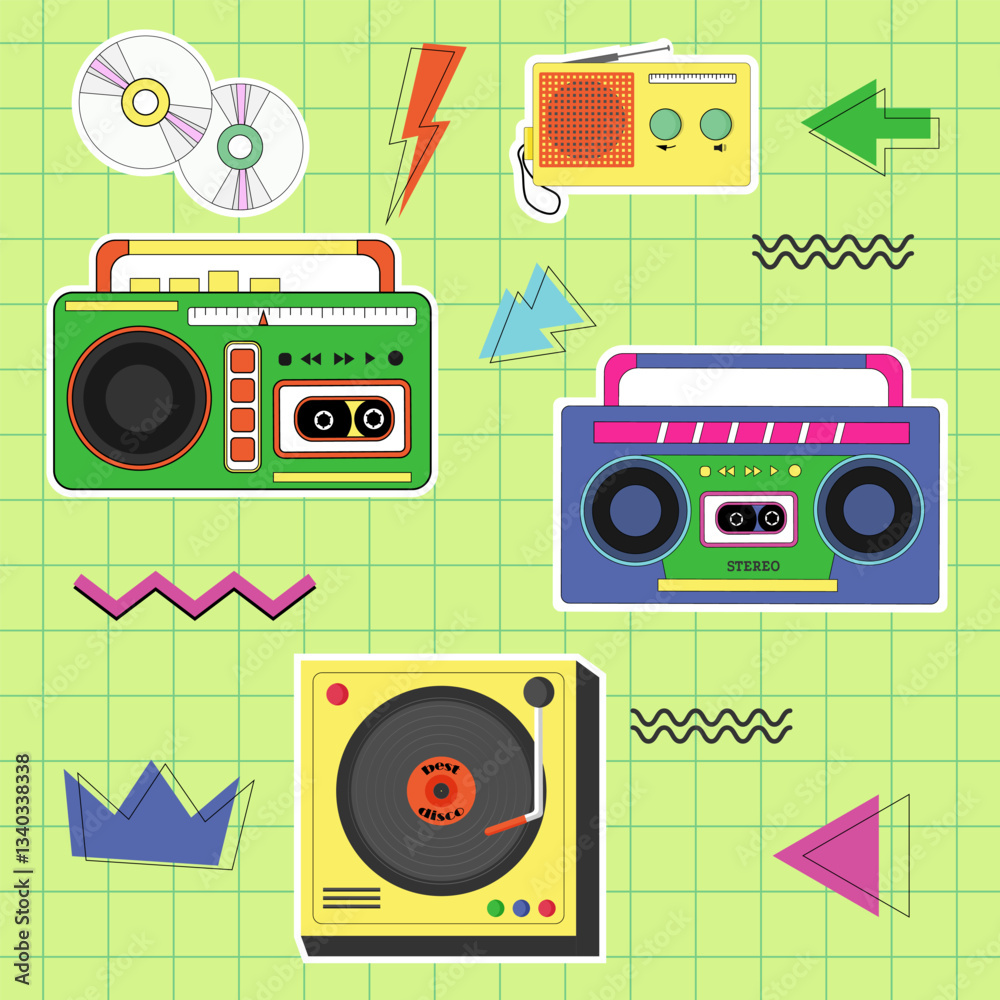 Obraz premium Retro sticker set. Tape recorders, retro record player and radio. Memphis design elements. Classic retro elements of the 80s and 90s. Vector illustration