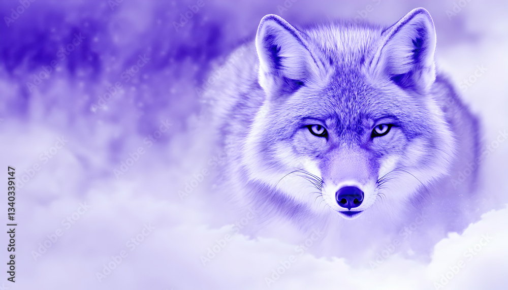 Obraz premium Majestic purple wolf portrait in snowy landscape; intense gaze, winter wonderland, serene atmosphere, artistic edit.