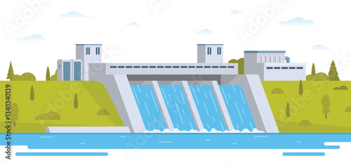 Hydroelectric dam with flowing water and environment. Editable Vector Illustration of a Renewable Energy Concept