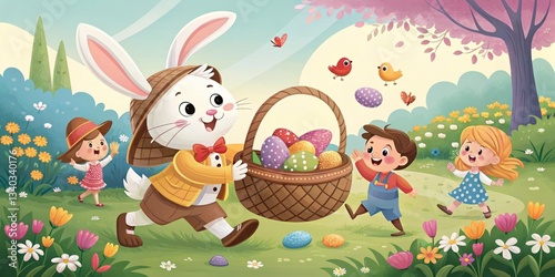 A close-up of a beautifully decorated Easter basket overflowing with colorful sweets and treats.