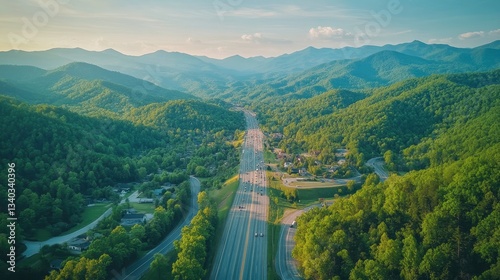 Scenic highway journey through smoky mountains nature landscape aerial view vibrant green environment