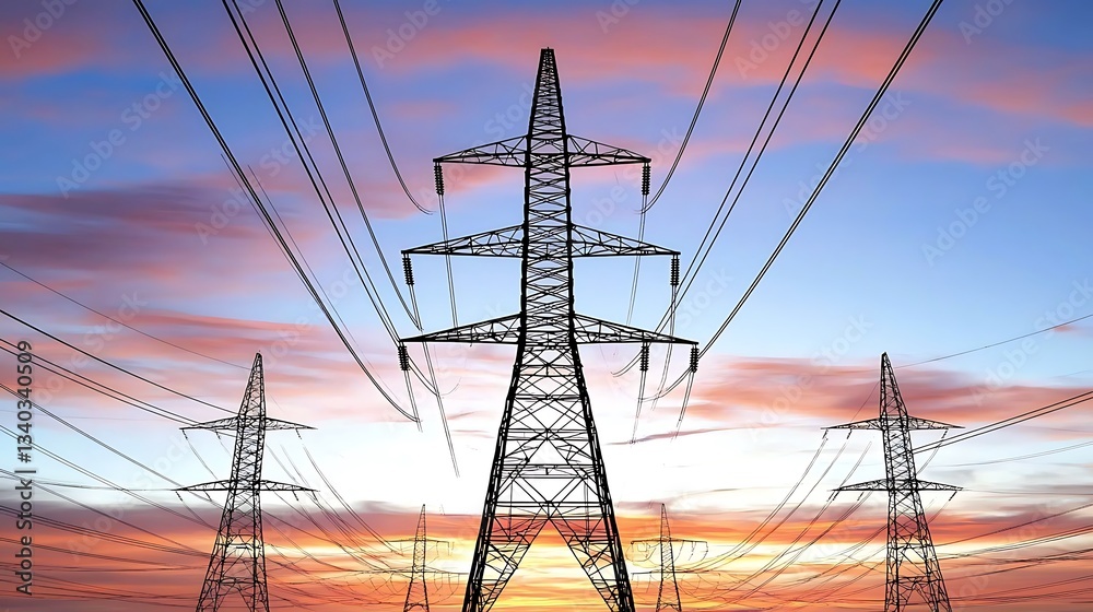 Power lines stretching against a vibrant sunset Power lines stretching against a vibrant sunset