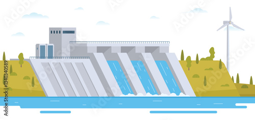 Hydroelectric dam with flowing water and environment. Editable Vector Illustration of a Renewable Energy Concept
