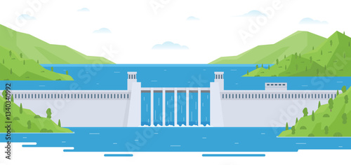 Hydroelectric dam with flowing water and environment. Editable Vector Illustration of a Renewable Energy Concept