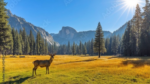 Stunning deer in yosemite national park nature scene sunny meadow majestic landscape view