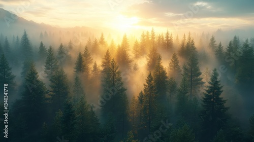Sunrise action over misty pine forest nature landscape serene environment aerial viewpoint for tranquility