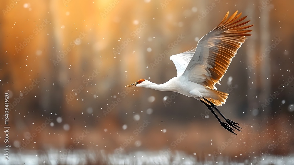 Fototapeta premium Majestic Siberian Crane Gracefully Gliding Low over a Frozen Wetland Its Elegant Long Legs Trailing Behind in a Serene and Minimalist Photography Style with Ample Copy Space