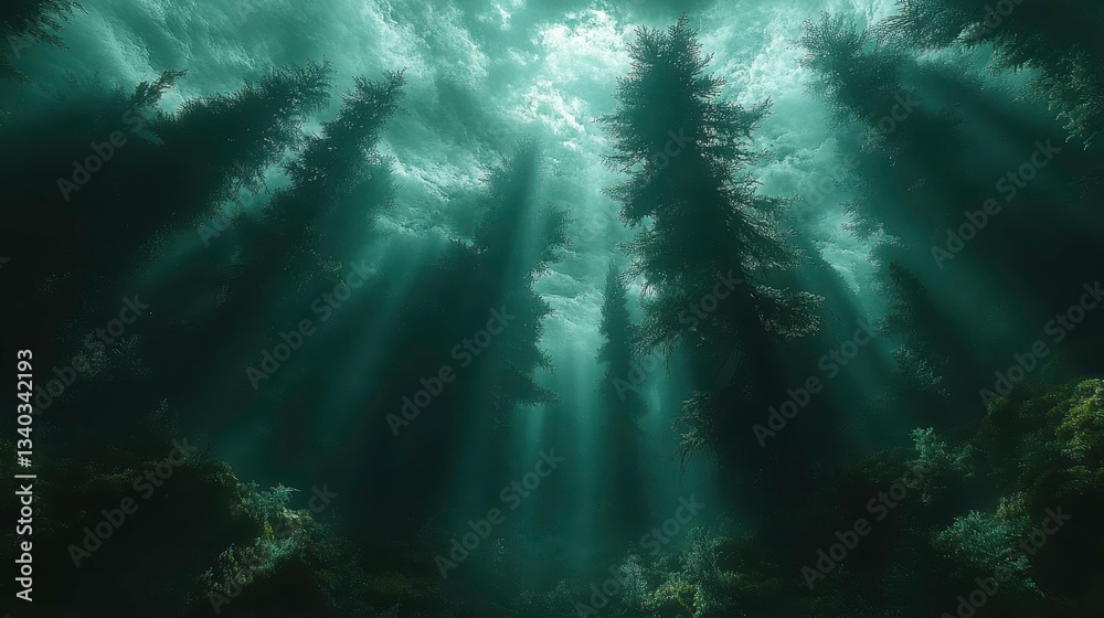 Mysterious sunlight beams through underwater forest ocean depths nature photography serene environment ethereal perspective Mysterious sunlight beams through underwater forest ocean depths nature photography serene environment ethereal perspective