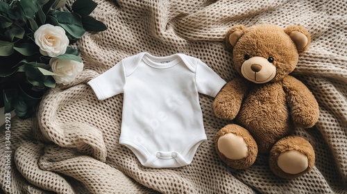 Charming baby onesie paired with a soft teddy bear on a cozy knitted blanket, perfect for a nursey or baby-themed design.
