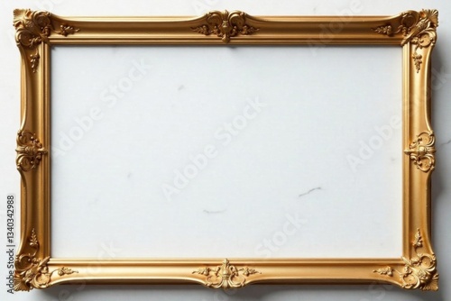 Delicate gold frame with floral patterns resting on white marble background, frame, luxurious, golden