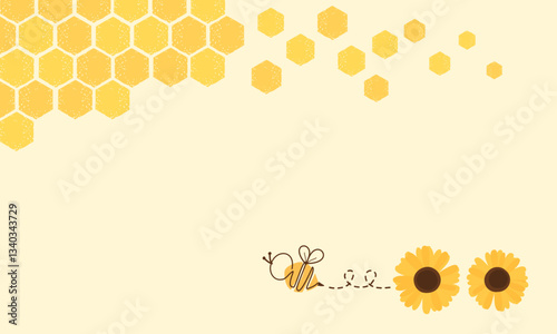 Beehive honey sign with hexagon grid cells, bee cartoon and sunflower on yellow background vector.