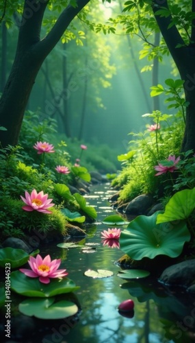 Wallpaper Mural Dense foliage surrounds a serene stream with water lilies and lotus flowers blooming amidst lush greenery, stream, plants Torontodigital.ca