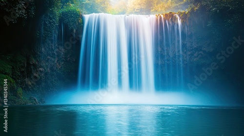 Rainbow waterfall landscapes harmonious concept. A serene waterfall cascading into a tranquil pool, surrounded by lush greenery.