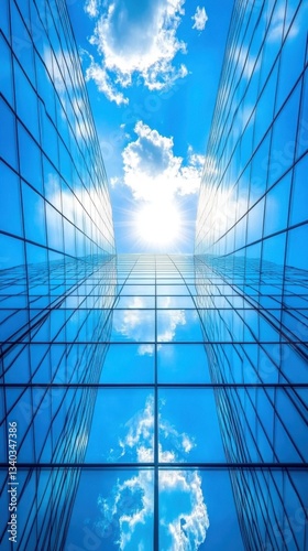 Upward Gaze at Modern Glass Skyscrapers Reflecting Blue Sky and Clouds in a Sunny Urban Landscape with Bright Light