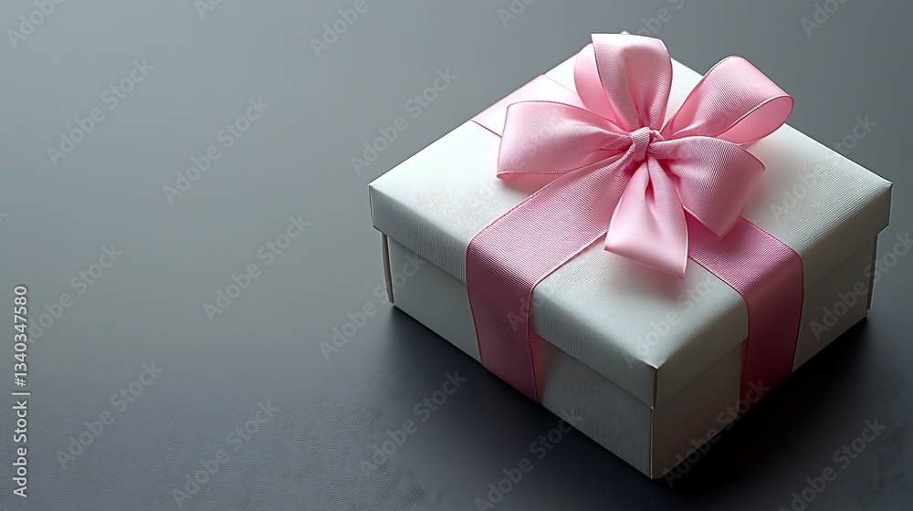 White gift box with pink ribbon bow on dark background. White gift box with pink ribbon bow on dark background.