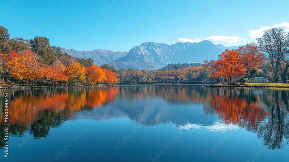 Autumn foliage reflection on calm lake with mountains. Scenic park Autumn foliage reflection on calm lake with mountains. Scenic park