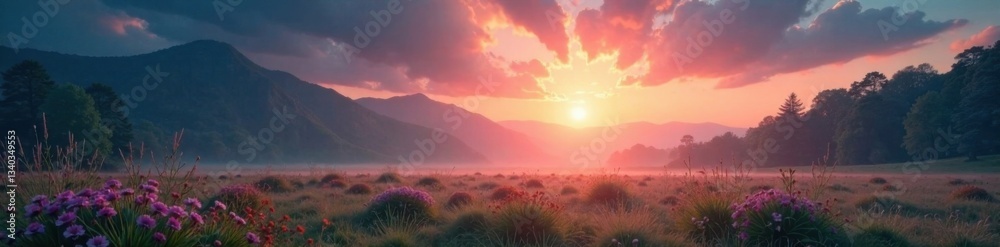 Fototapeta premium Ethereal glowing halo surrounds a serene landscape, celestial, glow