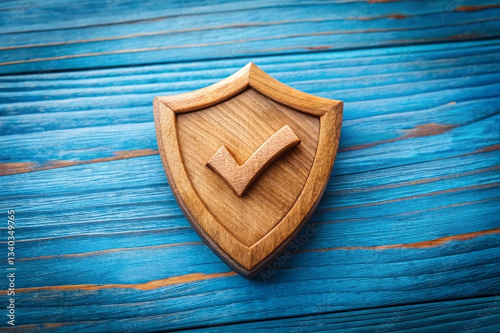 Macro Shot: Wooden Shield with Checkmark - Security & Protection Symbol Macro Shot: Wooden Shield with Checkmark - Security & Protection Symbol
