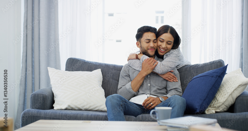 Relax, love and hug with couple on sofa of home for bonding, support and care. Happiness, commitment and trust with man and woman in living room of apartment peace, smile and relationship romance Relax, love and hug with couple on sofa of home for bonding, support and care. Happiness, commitment and trust with man and woman in living room of apartment peace, smile and relationship romance