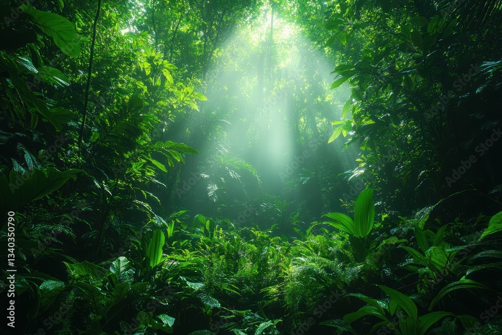 Obraz premium Sunbeams illuminate lush jungle forest floor