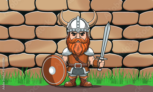 Vector brutal toy soldier. Cartoon comical ancient red bearded Viking in armor, horned helmets with sword and shield. Northern Scandinavian toon warrior. Stone wall