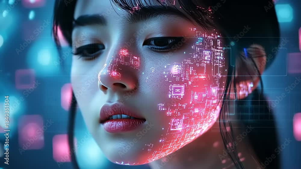 Young woman with digital facial projections in a futuristic setting, surrounded by vibrant lights and colors Young woman with digital facial projections in a futuristic setting, surrounded by vibrant lights and colors