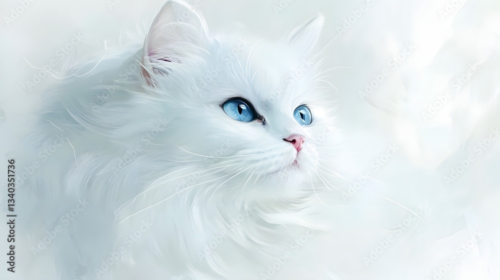 Elegant white cat with striking blue eyes gazes upward Elegant white cat with striking blue eyes gazes upward