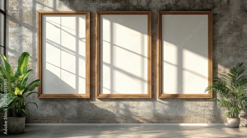 Fototapeta premium Three wooden frames on a rustic wall with plants and sunlight creating a serene and inviting atmosphere for art display and interior design