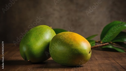 Wallpaper Mural Two green and yellow mangoes on wooden table, nature background Torontodigital.ca
