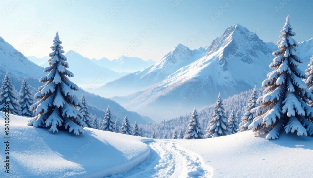 Fototapeta premium Frosty landscape with snow-covered mountains and trees , snow, tree