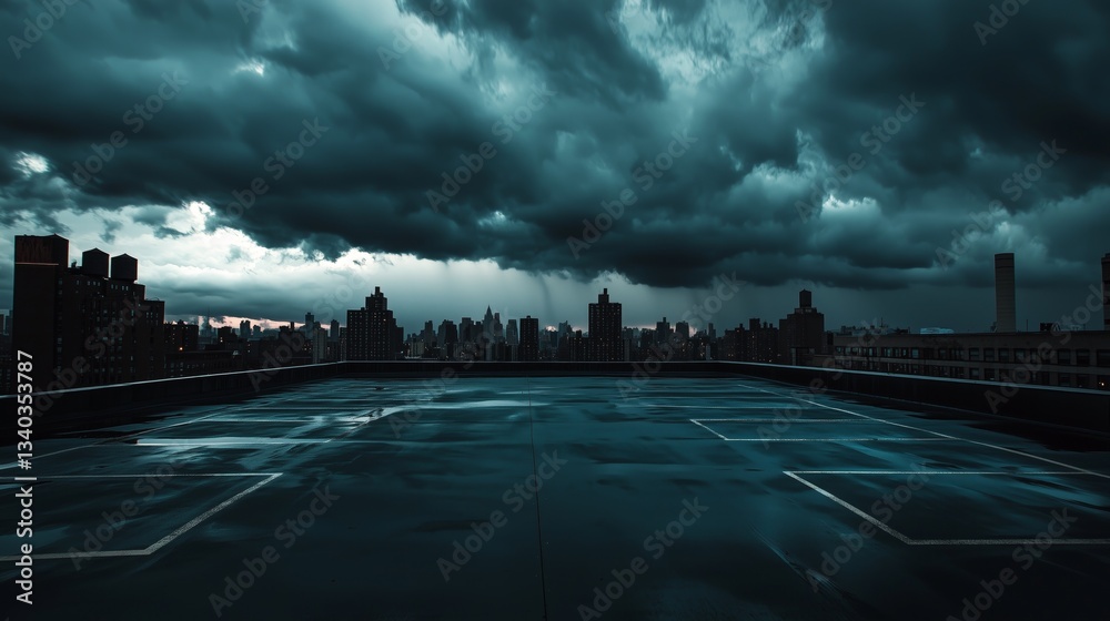 Obraz premium Dramatic Rooftop Parking Lot View Under Overcast Sky at Dusk