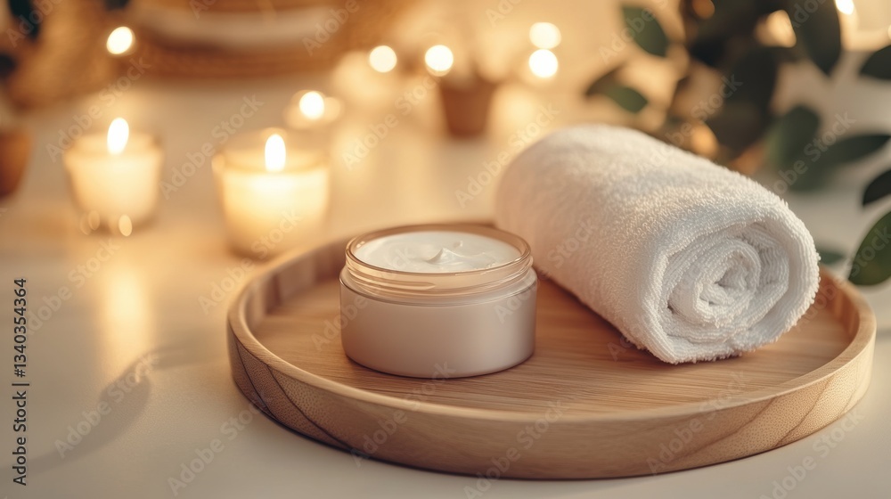 Elegant Unbranded Skincare Container on a Smooth Wooden Tray Surrounded by Spa Elements Like Towels and Candles, Soft Warm Lighting Creating a Relaxing Atmosphere Elegant Unbranded Skincare Container on a Smooth Wooden Tray Surrounded by Spa Elements Like Towels and Candles, Soft Warm Lighting Creating a Relaxing Atmosphere