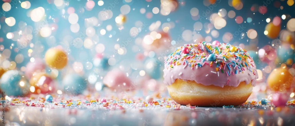 Delicious donut with pink frosting and colorful sprinkles against a festive bokeh background creating a joyful and sweet treat scene Delicious donut with pink frosting and colorful sprinkles against a festive bokeh background creating a joyful and sweet treat scene