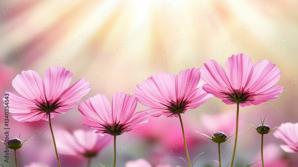 Radiant Cosmos Flowers in Soft Light A Captivating Close Up of Pink Petals Against a Dreamy Background Radiant Cosmos Flowers in Soft Light A Captivating Close Up of Pink Petals Against a Dreamy Background