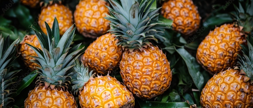 Vibrant pineapple arrangement on lush green leaves showcasing tropical harvest and fresh fruit abundance for healthy lifestyle Vibrant pineapple arrangement on lush green leaves showcasing tropical harvest and fresh fruit abundance for healthy lifestyle